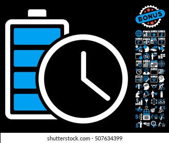 Battery Time icon with bonus calendar and time management pictograph collection. Vector illustration style is flat iconic symbols, blue and white colors, black background.