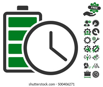 Battery Time icon with bonus options pictograph collection. Vector illustration style is flat iconic symbols, green and gray colors, white background.