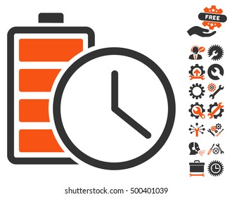 Battery Time icon with bonus settings pictograms. Vector illustration style is flat iconic symbols, orange and gray colors, white background.