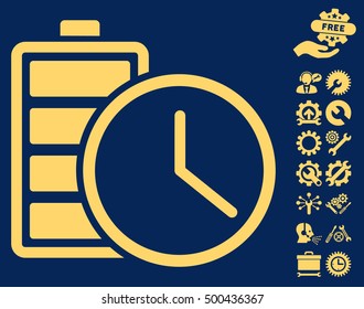 Battery Time icon with bonus settings clip art. Vector illustration style is flat iconic symbols, yellow color, blue background.