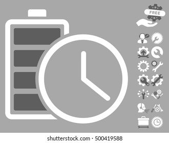 Battery Time icon with bonus setup tools images. Vector illustration style is flat iconic symbols, dark gray and white colors, silver background.