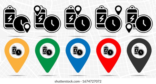 Battery, time icon in location set. Simple glyph, flat illustration element of time theme icons