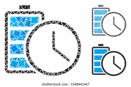 Battery time mosaic of tremulant elements in various sizes and shades, based on battery time icon. Vector bumpy elements are united into mosaic. Battery time icons collage with dotted pattern.