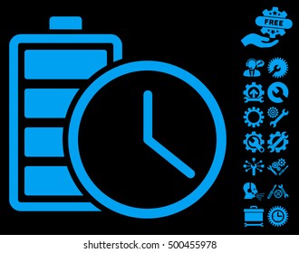 Battery Time pictograph with bonus options design elements. Vector illustration style is flat iconic symbols, blue color, black background.