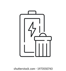 Battery with trash can linear icon. Energy. Thin line customizable illustration. Contour symbol. Vector isolated outline drawing. Editable stroke