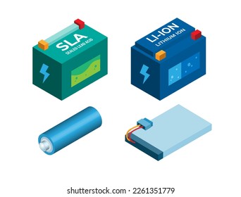 Conjunto de colección de tipos de batería Vector de ilustración isométrico