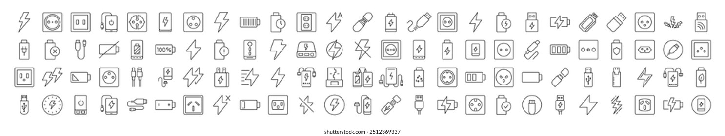 Batería, Cable USB, Cargador, Salida de línea delgada Icon Set. Trazo Editable. Conveniente para los Anuncios, tarjetas, redes sociales, App