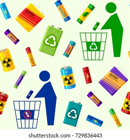 Battery utilization concept recycling energy power environment alkaline batteries heap seamless pattern background vector illustration.