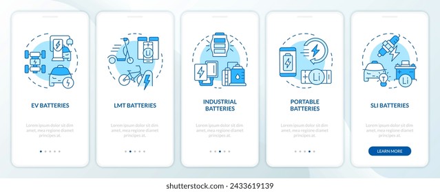 Battery variations blue onboarding mobile app screen. Walkthrough 5 steps editable graphic instructions with linear concepts. UI, UX, GUI template. Myriad Pro-Bold, Regular fonts used