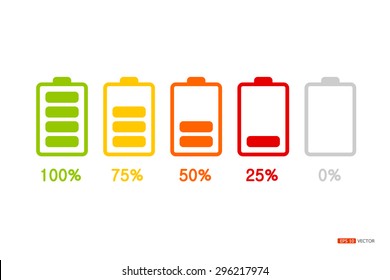 Battery with various loads and colors, Power indicator is the percentage of 0-100%, isolate on white background, vector eps 10