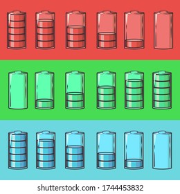 Battery vector charging charge indicator icons.  Battery Energy power level.  Full power to running low status battery set logo . Chargeable power loading bar.