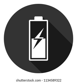 Battery vector icon, accumulator charge battery vector sign design, battery energy vector icon. Accumulator charge icon. Gray background with shadow. Round icon with shadow