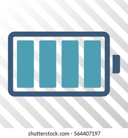 Battery vector icon. Illustration style is flat iconic bicolor cyan and blue symbol on a hatched transparent background.