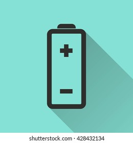Battery vector icon with long shadow. Black illustration isolated on green background for graphic and web design.