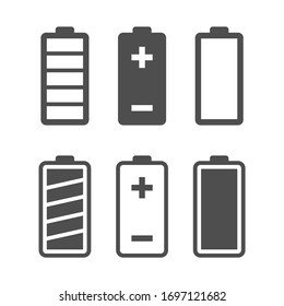 Battery vector icon set with charge level indicators. Flat simple isolated icons