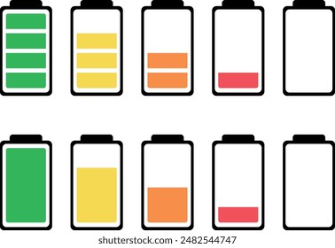 Battery vector icon set, Battery charge various color flat icons, full and empty battery vector icon set, level energy, level show