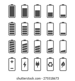 Battery vector icon set with charge level indicators. Flat simple icons