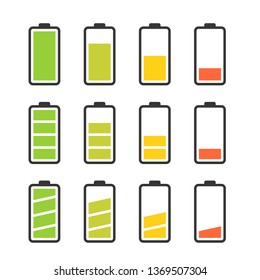 Battery vector icon set with colorful charge level indicators. Flat simple icons