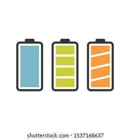 Battery vector icon set with colorful charge level indicators. Flat simple isolated icons