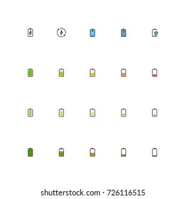 Battery vector icon set in filled outline style