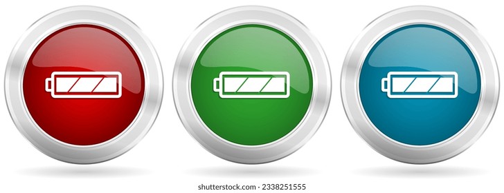 Battery vector icon set. Red, blue and green silver metallic web buttons with chrome border