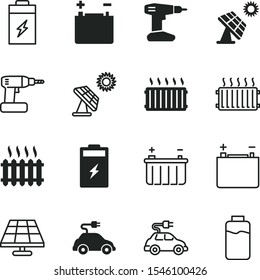 battery vector icon set such as: handle, comfort, batterie, portable, plus, renewable, sunlight, iron, heater, lithium battery, tool, alternative, minus, screwdriver, indicator, system, household