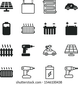 battery vector icon set such as: coil, mechanical, batterie, electronics, refill, rechargeable battery, friendly, color, manual, warming, simple, lithium, maintenance, ecological, clean, solution