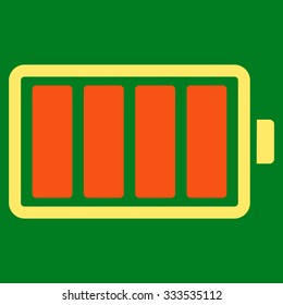Battery vector icon. Style is bicolor flat symbol, orange and yellow colors, rounded angles, green background.