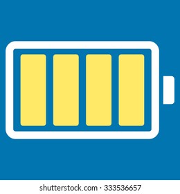 Battery vector icon. Style is bicolor flat symbol, yellow and white colors, rounded angles, blue background.