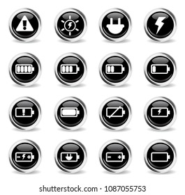 battery vector icons - black round chrome buttons