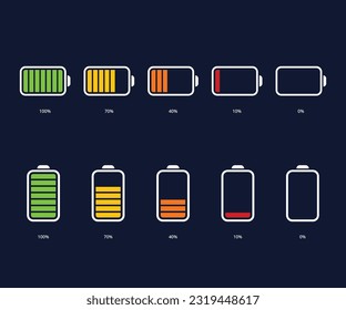 Battery vector icons. Battery charge level. Phone charge indicator. Battery power percentage, from low to full charging