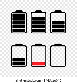 Battery. Battery vector icons, isolated. Charging charge indicator level. Level battery. Flat design. Vector illustration