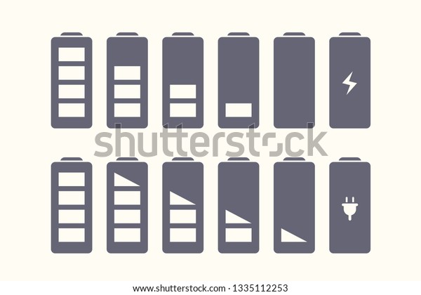 Battery vector symbol set different level of charge\
for ui energy symbol mobile phone, battery charge signs. Car\
battery indicator. Accumulator battery, wireless charging energy\
icons. 10 eps
