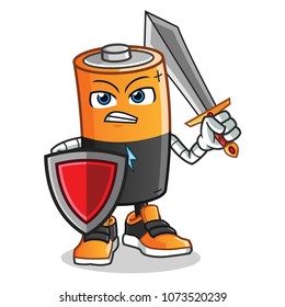 Vektor Stok Battery Warior Holding Sword Shield Mascot (Tanpa Royalti