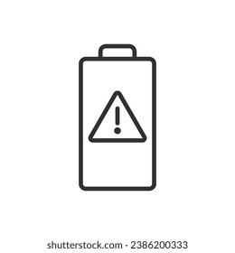 Battery with warning symbol, linear icon, exclamation mark. Error, danger. Line with editable stroke