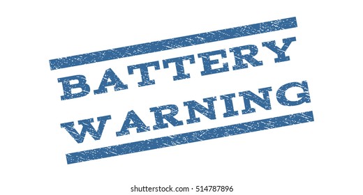 Battery Warning watermark stamp. Text caption between parallel lines with grunge design style. Rubber seal stamp with unclean texture. Vector cobalt blue color ink imprint on a white background.