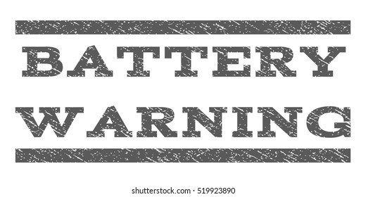 Battery Warning watermark stamp. Text tag between horizontal parallel lines with grunge design style. Rubber seal stamp with dirty texture. Vector grey color ink imprint on a white background.