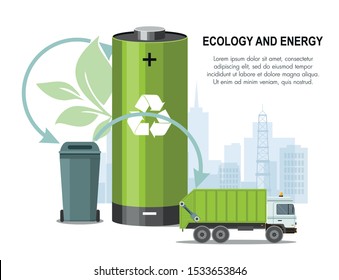 Battery and waste recycling concept on city background and garbage truck. Vector Illustration  