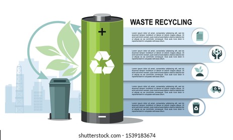 Battery And Waste Recycling Concept On City Background. Vector Illustration  