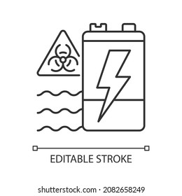 Battery water contamination threat linear icon. Hazardous chemicals leak. Groundwater pollution. Thin line customizable illustration. Contour symbol. Vector isolated outline drawing. Editable stroke