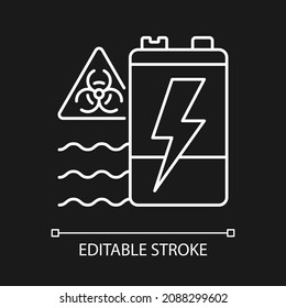 Battery water contamination threat white linear icon for dark theme. Groundwater pollution. Thin line customizable illustration. Isolated vector contour symbol for night mode. Editable stroke