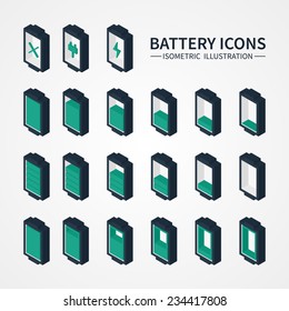 Battery web icons, symbol, sign and design elements in isometric style. Charge level indicators. Vector illustration.