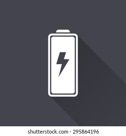 Battery - white icon with a long shadow on a black background. Vector illustration.