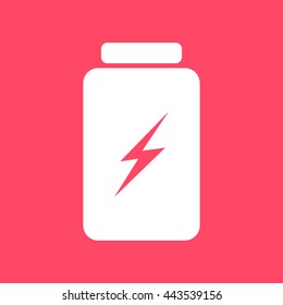 Battery white icon on magenta color background. Eps-10.