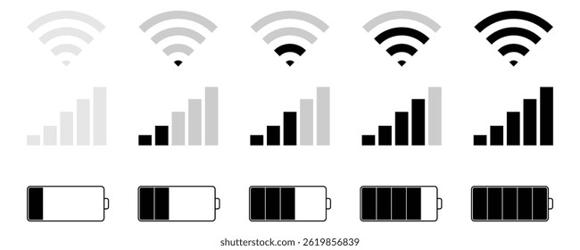 Battery, WiFi, Mobile data Signal, Network icon set vector illustration. 