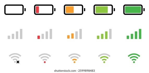 Battery, WiFi, and mobile network icons in a clean, minimal style. Ideal for apps, UI,UX, and digital interfaces. Battery icon set, wifi icons set. Network icon. Battery, WiFi, network, icons, symbol.
