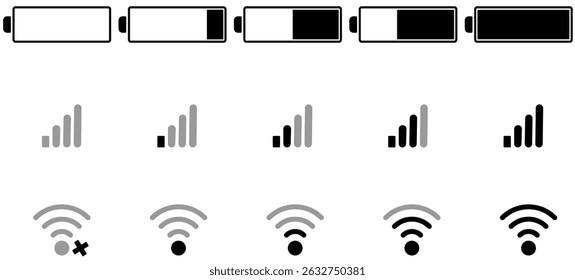 bateria, wifi e ícones de rede móvel em um estilo limpo, mínimo, ideal para aplicativos, interface de usuário, UX e interfaces digitais. Ícone de bateria definido. Conjunto de ícones de Wi-Fi. Bateria, WiFi, rede, ícones.