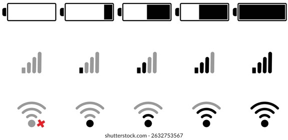 battery, wifi and mobile network icons in a clean, minimal style, ideal for apps, UI, UX and digital interfaces. Battery icon set. Wi-Fi icons Set. Battery, WiFi, network, icons.