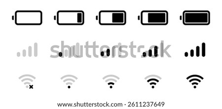 Battery, WiFi, and mobile network icons in a clean, minimal style. Ideal for apps, UI, UX, and digital interfaces. Battery icon set. Wi-Fi icons set. Network icon. Battery, WiFi, network, icons.