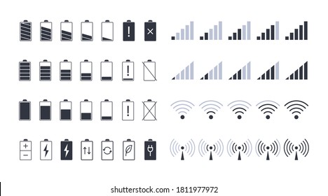 Battery and wifi signal icons. Editable stroke. Smartphone charge and battery coverage level vector icons. Black elements of the power scale of electronic device and mobile internet.